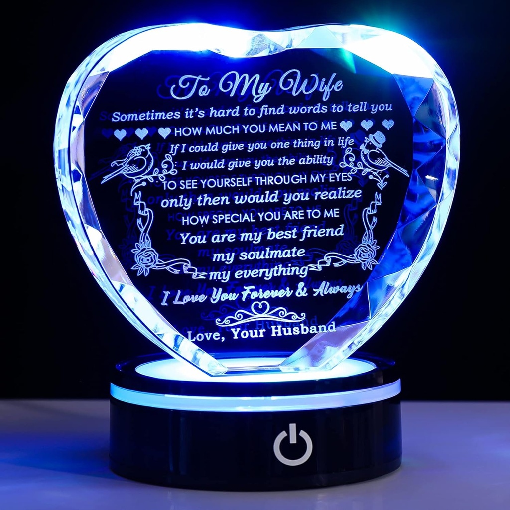 Colorful LED Base I Love You Gifts for Wife - Romantic Crystal Keepsakes for Her - Best Anniversary & Birthday Gift Ideas from Husband