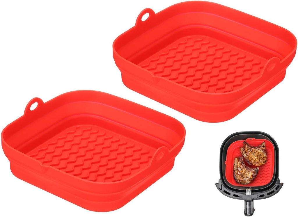 2pcs Reusable Silicone Air Fryer Liners, 8.2" Square Liner for 4-7QT Fryers - Red