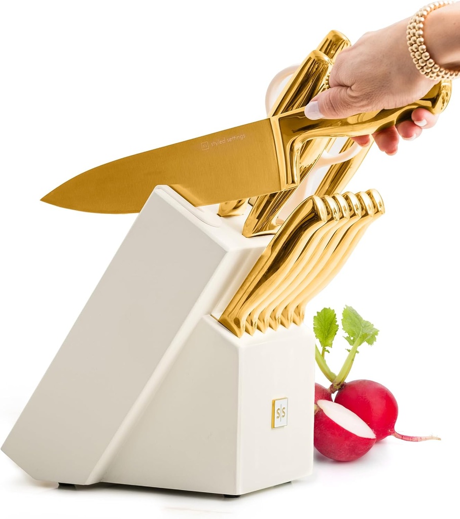 14-Piece White and Gold Kitchen Knife Set with Sharpener Block - Full Tang Knives for Luxurious Decor