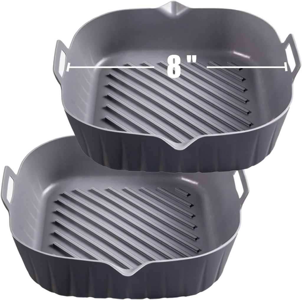 8-Inch Square Golden Associate Silicone Liners - 2 Pcs Non-Stick Food-Grade Reusable Pot for Air Fryer - Grey Silicone Baking Tray for Oven - Airfryer Accessories