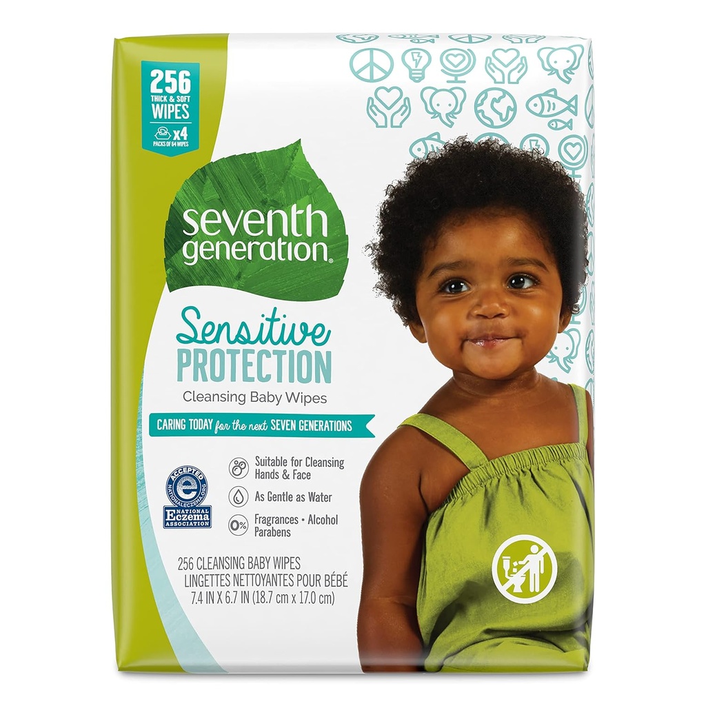 Seventh Generation Baby Wipes, Fragrance-Free and Gentle, 64 Count x 4 Pack