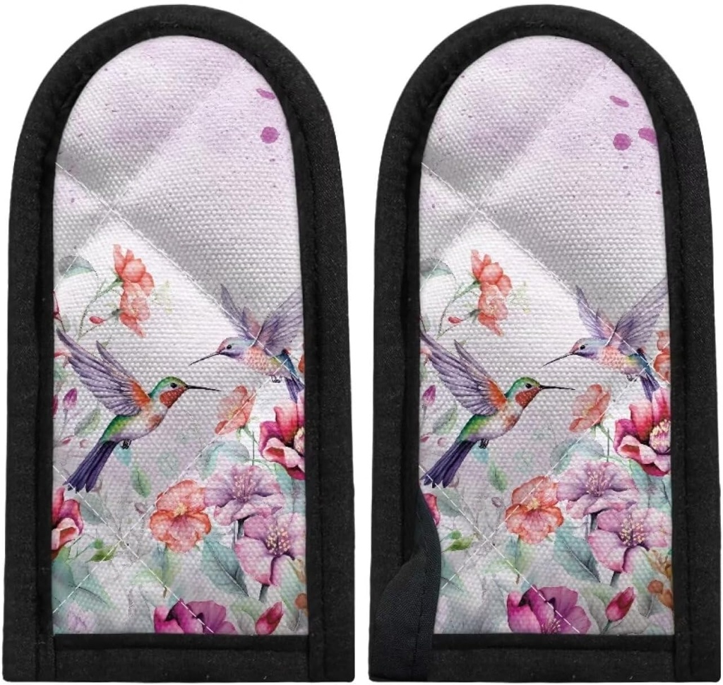 Pink Floral Hummingbird Hot Handle Holder Cover Set - 4 Pieces, Heat Resistant for Cast Iron Pan Cooking, Baking, BBQ - Kitchen Skillet Handle Cover
