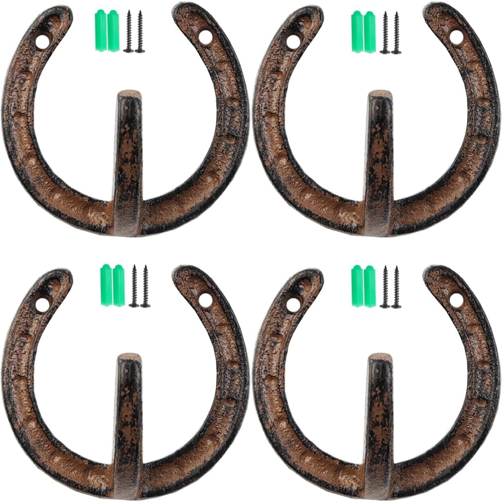 Set of 4 Vintage Wall Hanger Hooks - Heavy Duty Cast Iron Coat Hangers for Keys, Hats, Towels