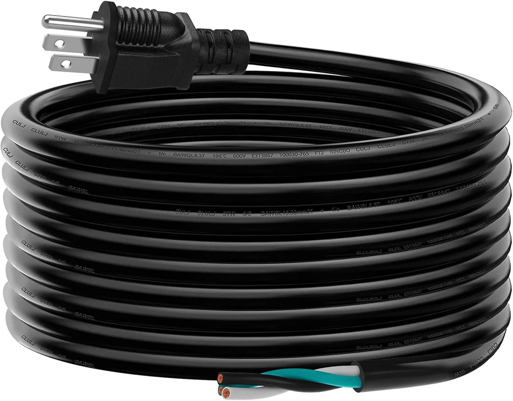 15-Foot 14 AWG 3 Prong Power Cord Replacement, 15Amp 14 Gauge Wire Extension Cable with Pigtail Open End