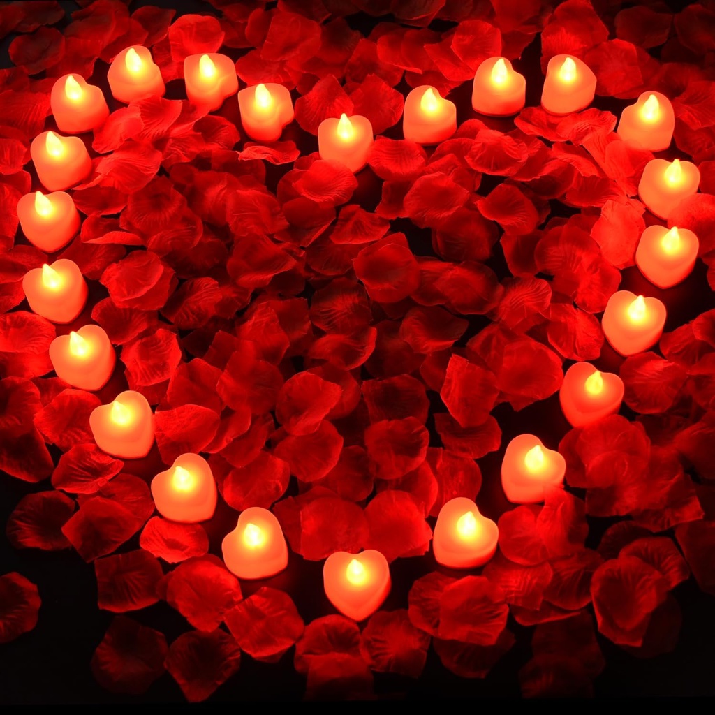 2000 Artificial Rose Petals & 24 LED Tea Lights Decoration Kit (Red Lights Included)