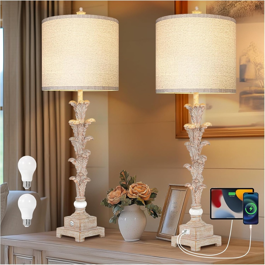 Set of 2 33.5" Tall Vintage Buffet Lamps with USB Ports, 3-Way Touch Table Lamps - White Washed Finish for Dining Room, Living Room, Bedroom - Dimmable Shades for Home Office