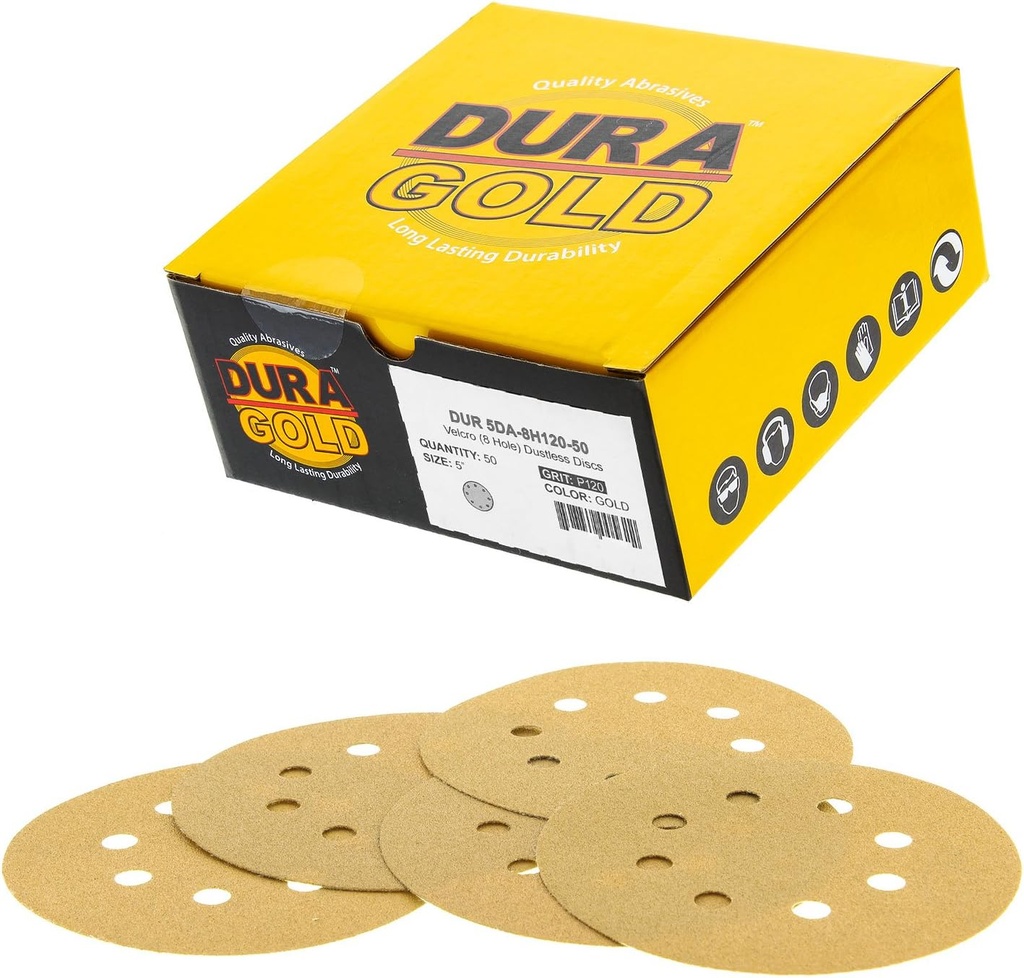 Box of 50 Dura-Gold Premium 5" Gold Sanding Discs with 120 Grit - Dustless Hook & Loop Backing for DA Sanders - Ideal for Sanding Automotive Paint and Woodworking Wood