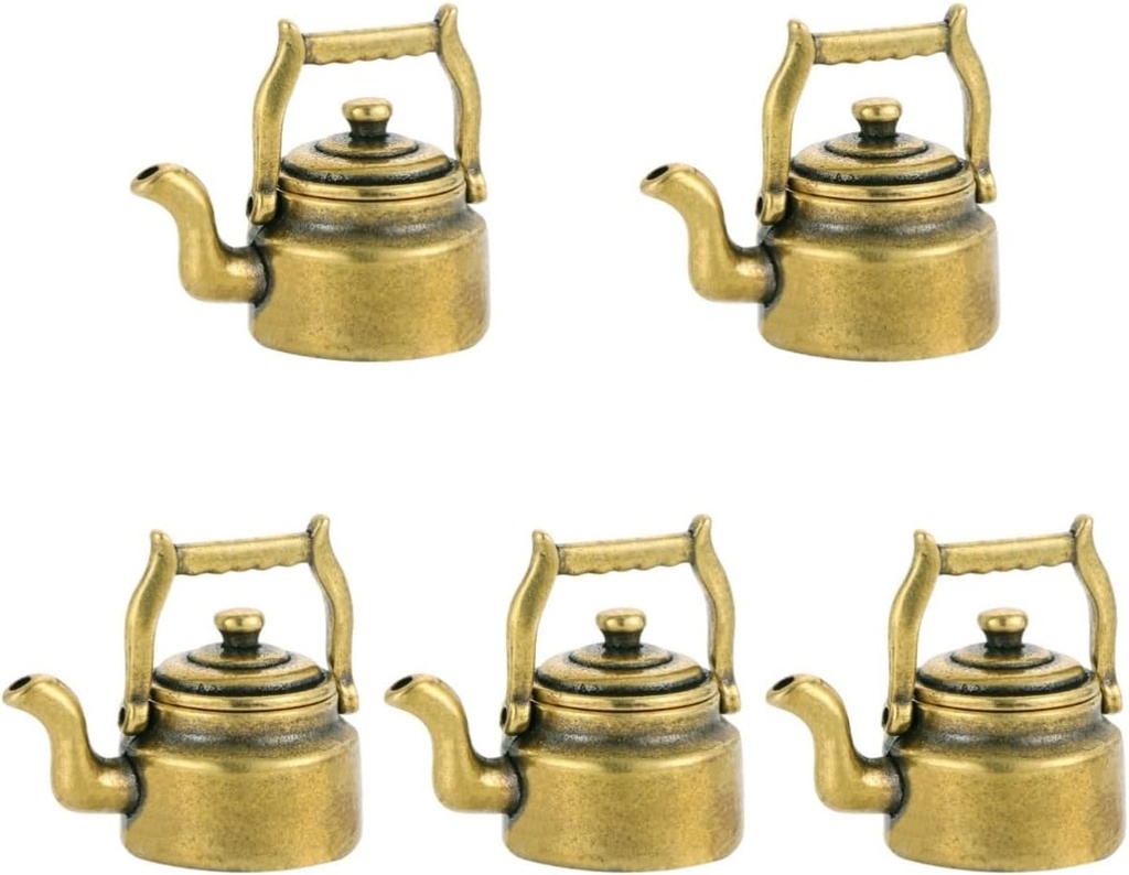 5-Piece Brass Teapot Ornament Set for Tea Lovers - Mini Tea Kettle Desktop Adornment