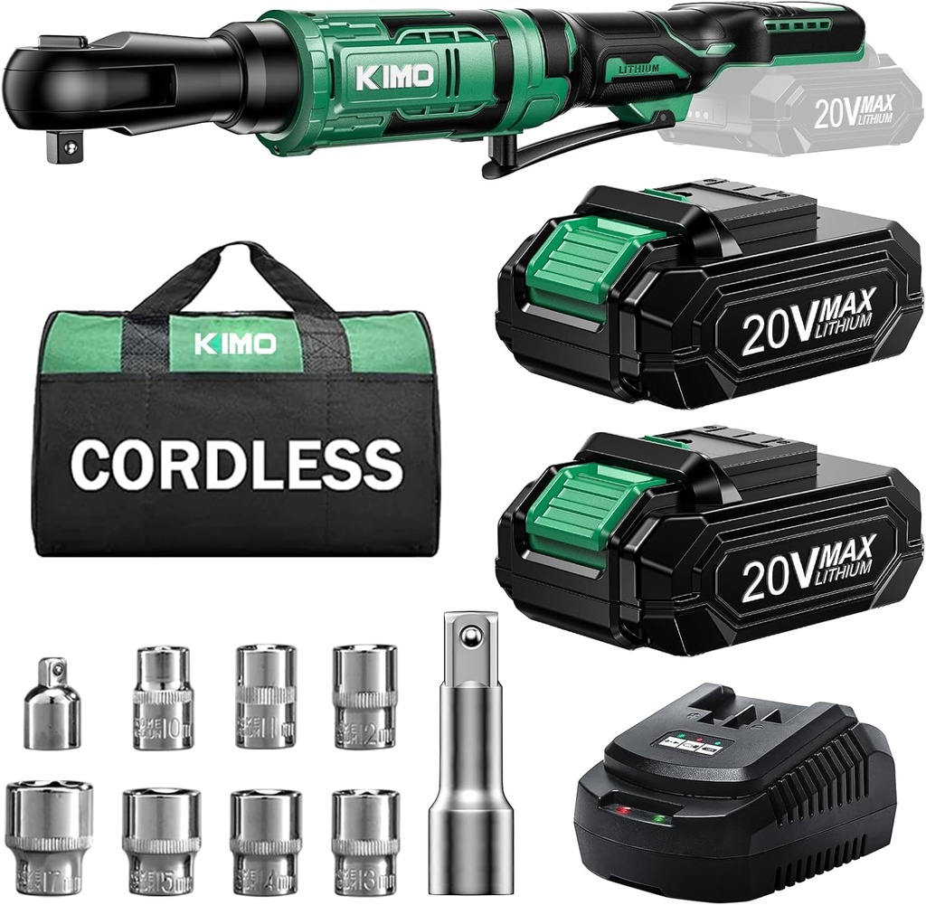 20V Cordless Ratchet Wrench Set with 74 Ft-lbs Torque, 400 RPM, Battery Powered, 7 Sockets, Extension Bar, Adapter, 2 Batteries, Fast Charger - KIMO 1/2" Electric Ratchet Wrench