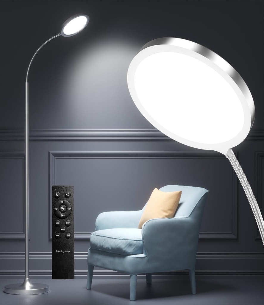Adjustable Dimmable LED Floor Lamp with Remote Control for Living Room and Bedroom - luckystyle Silver Standing Lamp with Custom Color Temperature and Gooseneck Reading Light