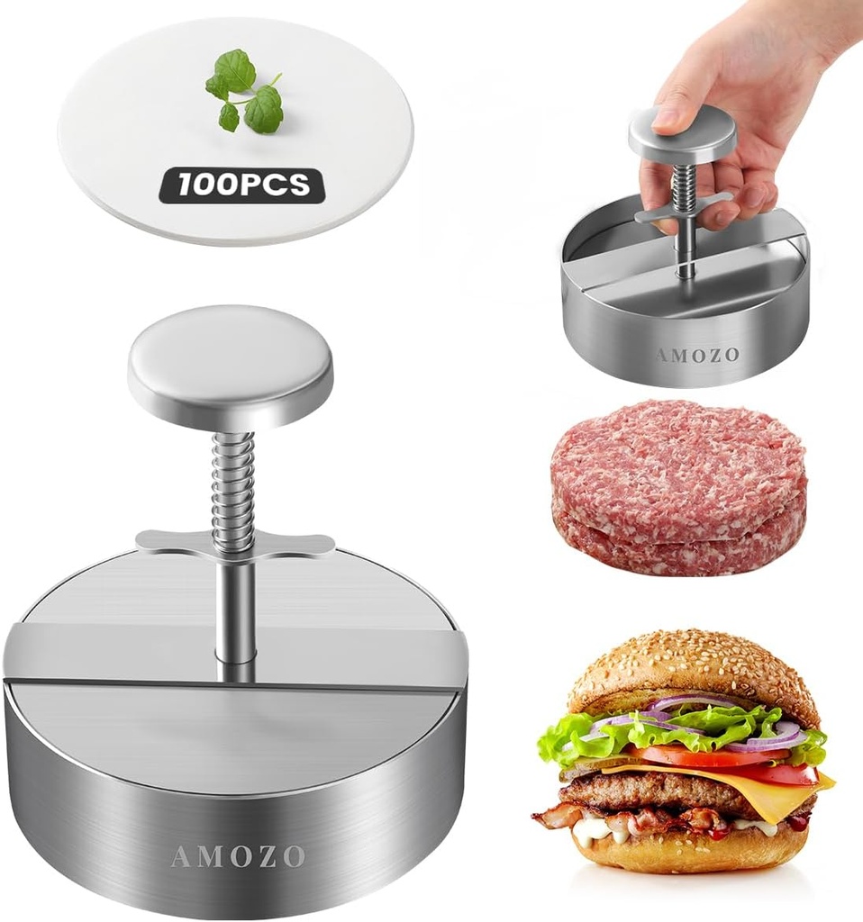 AMOZO Stainless Steel Burger Press Patty Maker with Non-Stick Coating - Includes 100-Sheet Baking Paper - Ideal for Burger Lovers - 5.5 Inch Size