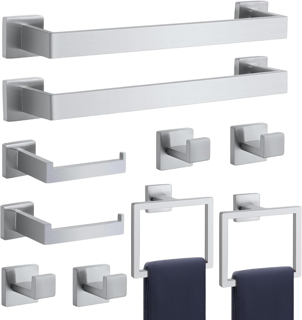 10-Piece Brushed Nickel Bathroom Accessories Set - Wall Mounted Towel Bar, Toilet Paper Holder, Towel Ring, and Hook - SUS304 Stainless Steel Square Bathroom Hardware Kit by PAHSFS