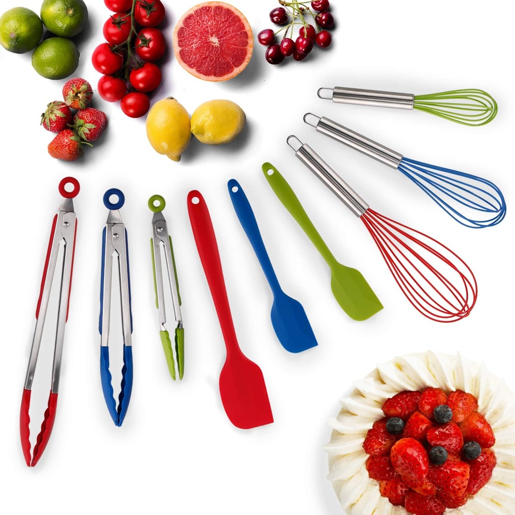 9-Piece Silicone Cooking Set with Non-Stick Tongs, Whisks, and Spatula Tips for Kitchen Utensils, BBQ, and Grilling