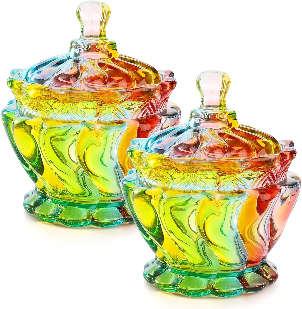 Set of 2 Colorful Glass Candy Dishes with Lids, 7 Oz Covered Bowls - Rainbow Candy & Jewelry Dishes for Buffet, Kitchen, Home & Office