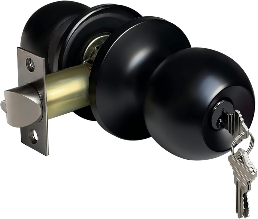 Matte Black Keyed Entry Door Knob with Removable Latch Plate, Standard Ball Design