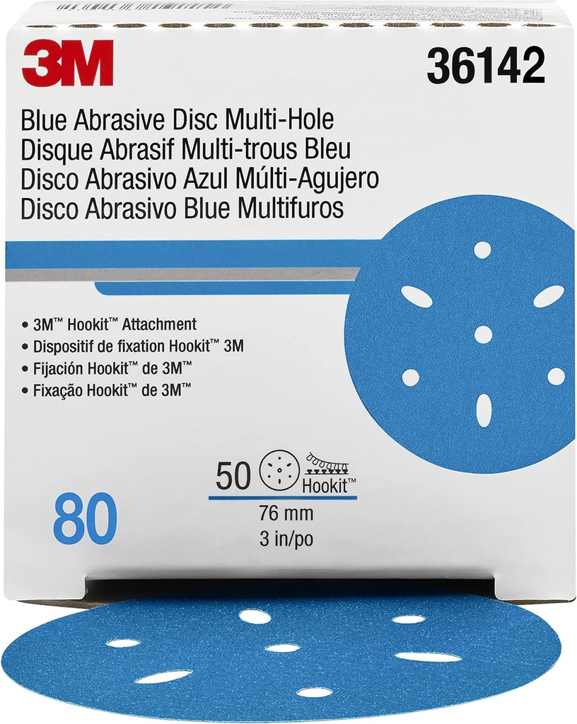 3M Hookit Blue Abrasive Discs 36142, 3" 80+ Grade Multi-Hole Pack of 50 for Auto Sanding & Paint Prep, Virtually Dust-Free