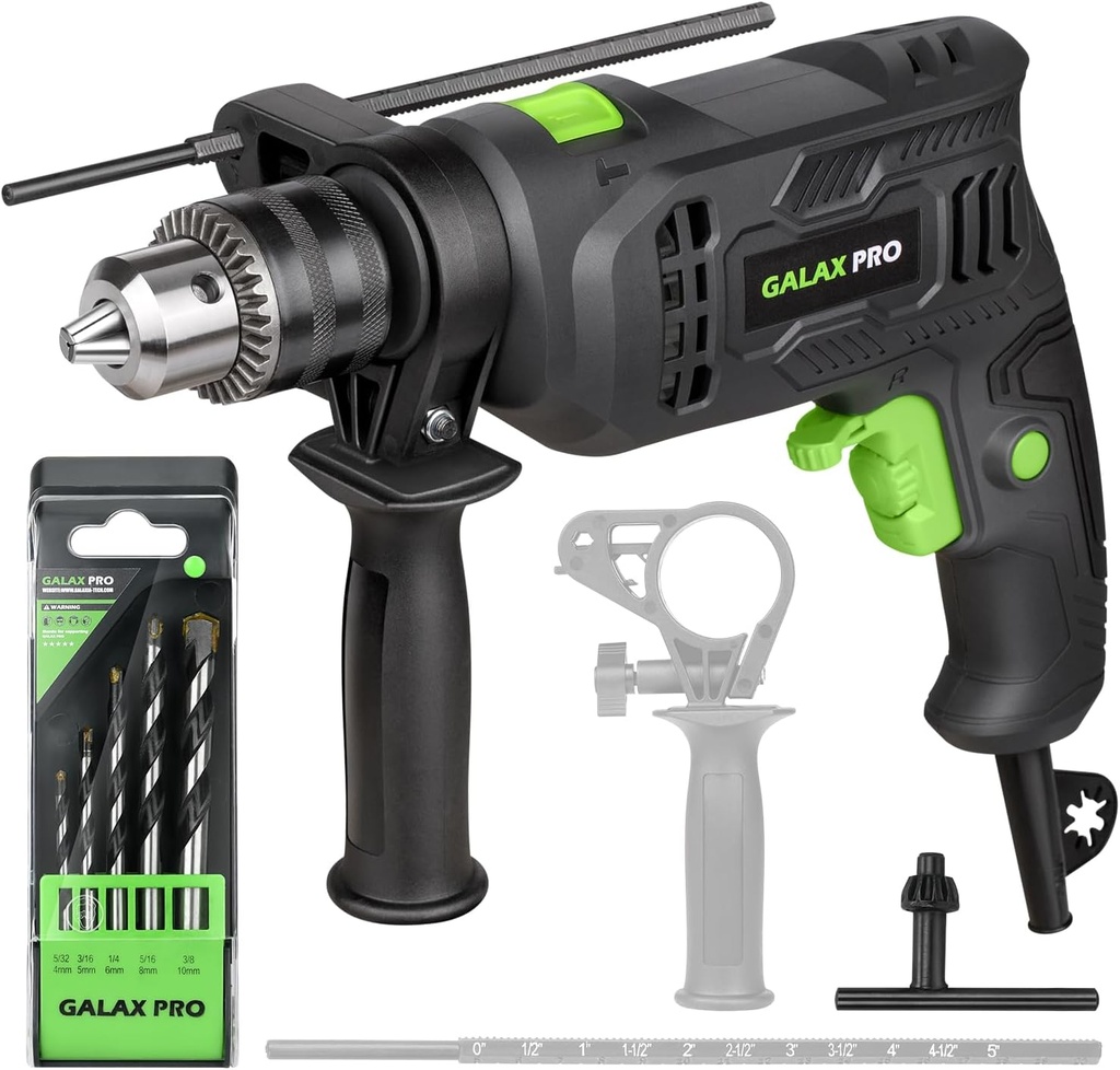 GALAX PRO 4.5Amp Corded Hammer Drill with 5pcs Bit, 2-in-1 Hammer and Drill, 12 Variable Speeds, 1/2 Inch Keyed Chuck, 360° Handle Rotation