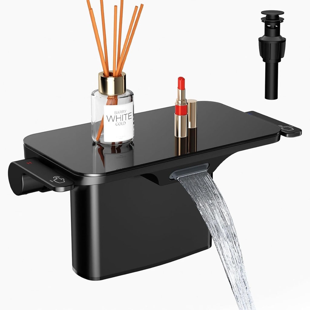 Matte Black Bathroom Sink Faucet with Storage Platform - 4 Inch Vanity Sink Faucet, 2 Hole Basin Faucet with Pop-up Drain Stopper