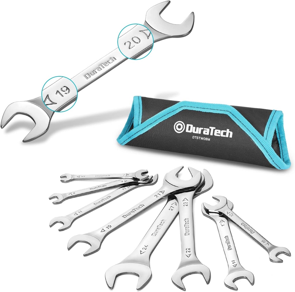 9-Piece Metric Super-Thin Open End Wrench Set - Sizes 5.5-27 mm - DURATECH
