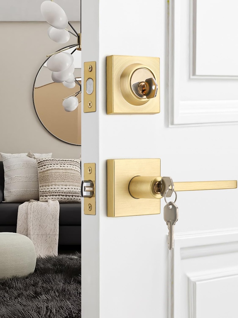 Heavy Duty Square Entry Door Handle and Deadbolt Lock Combo Pack - Satin Brass Finish - Interior/Exterior Levers