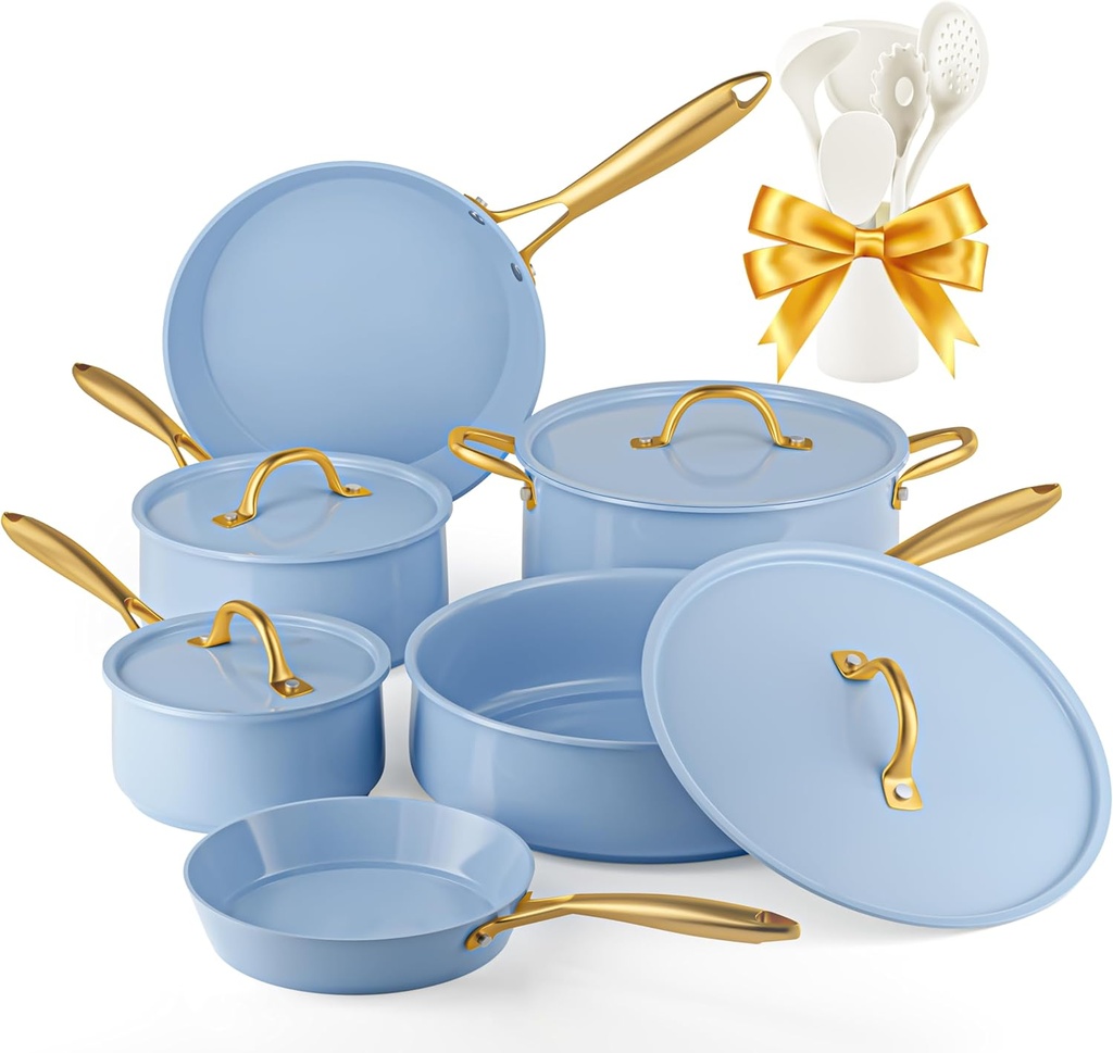 VONIKI Healthy Ceramic Cookware Set with Nonstick Cooking Pot - Non Toxic Kitchen Cookware with Utensils, Induction Compatible, Dishwasher & Oven Safe - Blue Color