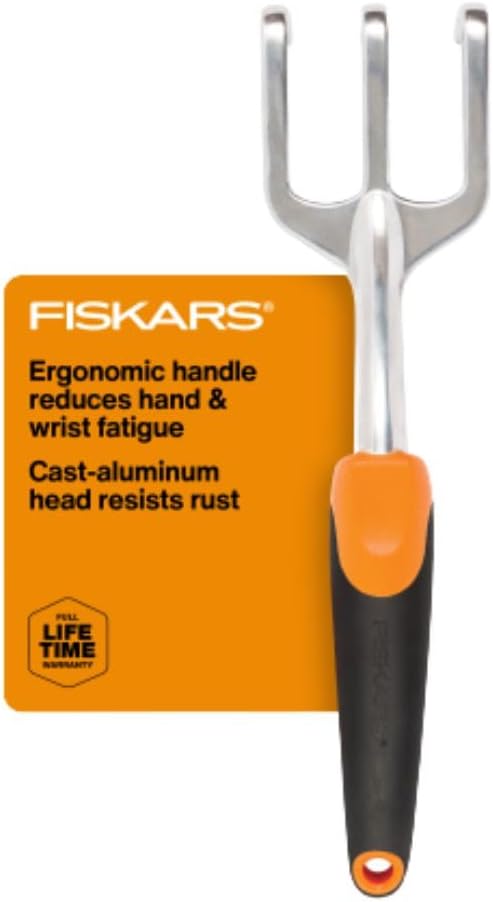 Heavy Duty Fiskars Ergo Cultivator for Digging, Aerating Soil, and Weeding with Hanging Hole