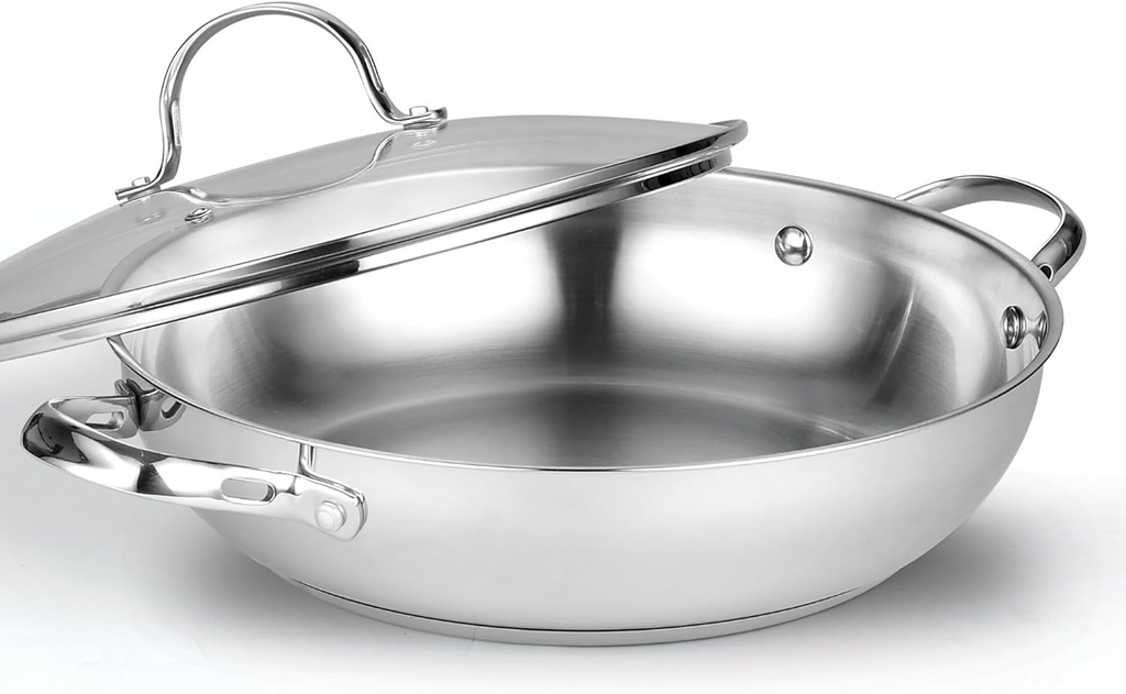 Stainless Steel Wok Stir Fry Pan with Glass Lid - 12-Inch/30cm Chef's Pan