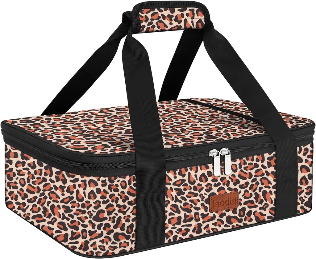 Leopard Print Insulated Casserole Carrier Bag for Hot/Cold Food, Expandable Thermal Travel Bag Fits 9" x 13" Baking Dish - Ideal for Picnics, Cookouts, Potlucks