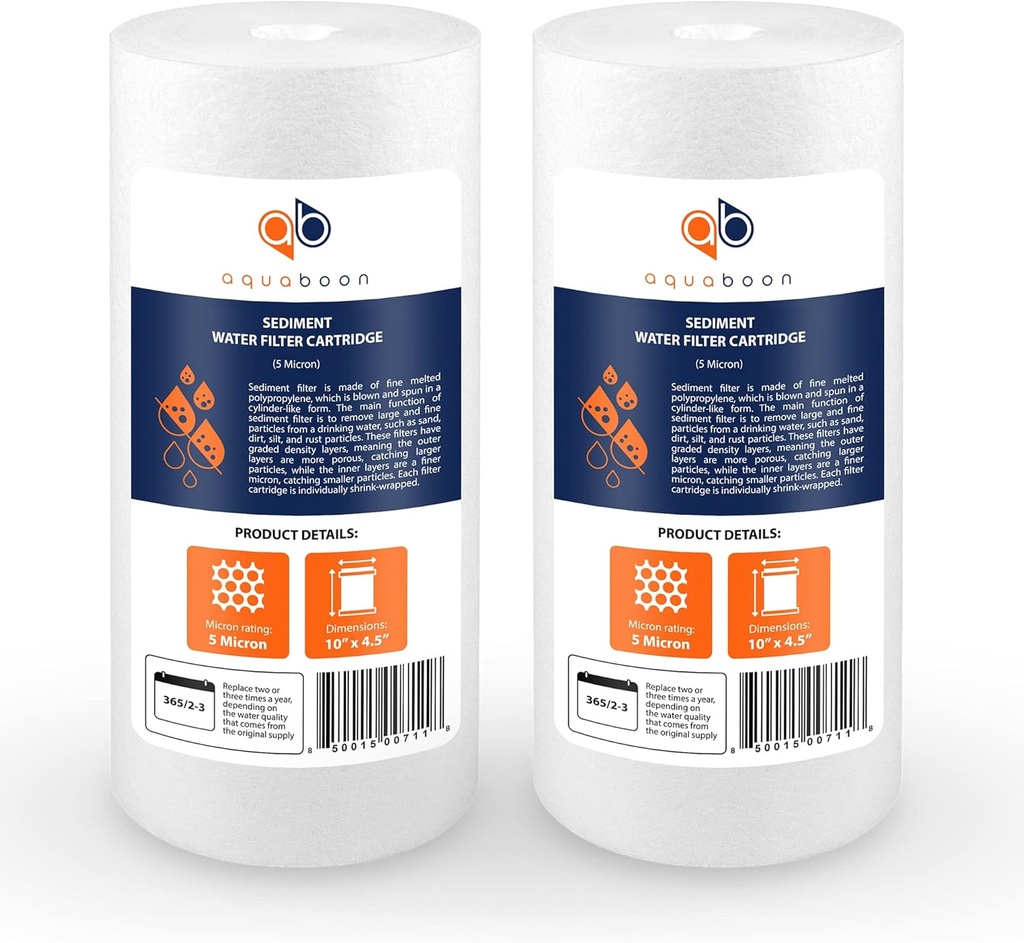 2-Pack Aquaboon 5 Micron 10 x 4.5 Whole House Sediment Filter Cartridge Compatible with DGD-5005, WFHD13001B, AP810 - Well Water Filter Replacement