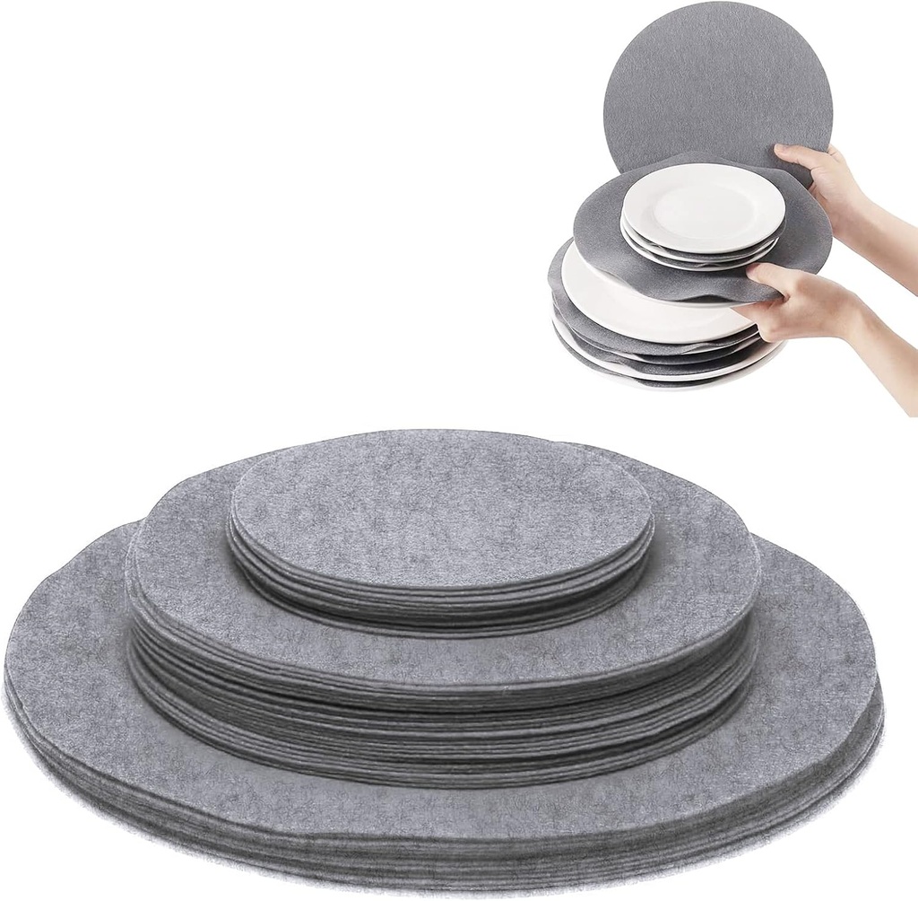 Grey Felt Plate Storage Dividers - Set of 48 Round Separators for Packing & Stacking Cookware, 3 Sizes Dish Protectors