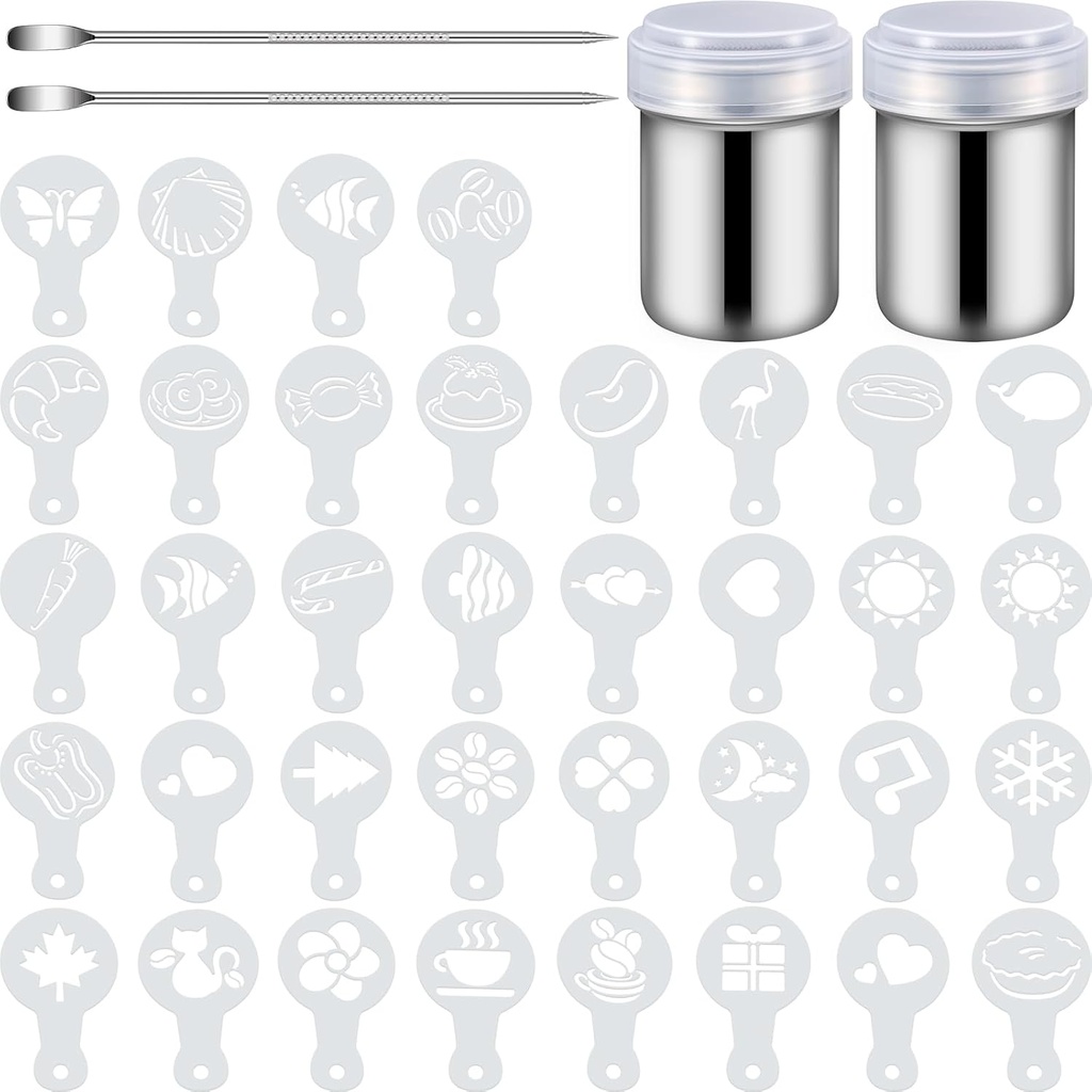 72-Piece Coffee Decoration Stencils Set with Latte Art Tools, Dusting Jars, and Mesh Powder Shaker for Cake Decorating