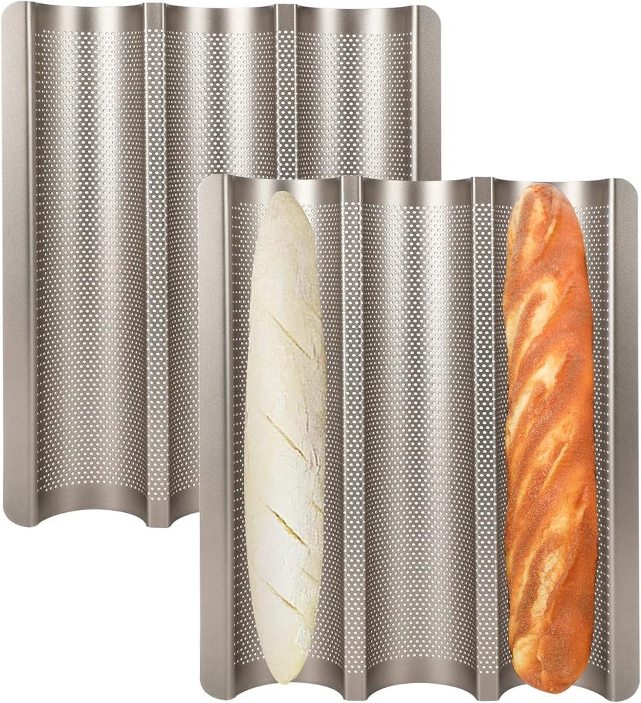 2-Pack Nonstick Perforated Baguette Pan Set for Homemade Sourdough Bread - 15x11 Inch, Toaster Oven Safe French Bread Baking Tray with 3 Waves, Crisp Golden-Brown Crust - Gold