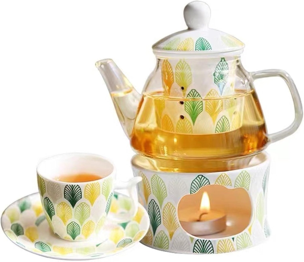 Ceramic Couple Flower Tea Set with Candle Heating Glass Pot in Gift Box - Flower Tea Gift Box Packaging - CAPIJIONG