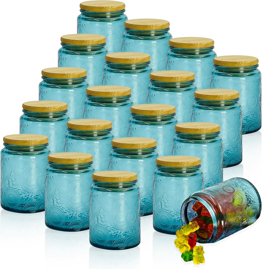 20 Pack 8 oz Blue Mini Glass Jars with Bamboo Lids for Home Décor and Food Storage - Embossed Canisters for Parties and Baby Shower Favors