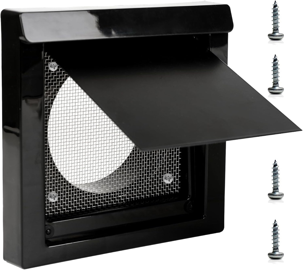 Outdoor Dryer Vent Cover 4" - Exterior Wall Vent Kit for Outside Airflow with Screen & Screws - Black