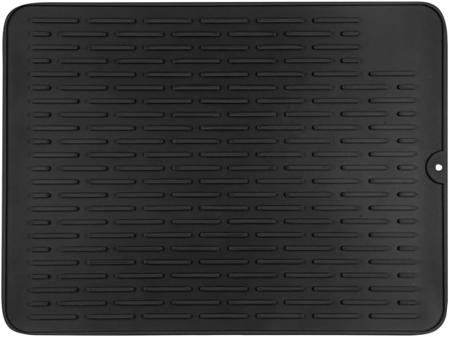 15.8 x 11.7 Inch Medium-Size Black Silicone Drying Mat with Ribbed Design - Waterproof Dish Drainboard for Countertop - Dishwasher Safe - Restaurantware