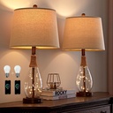 Set of 2 Modern USB A+C Table Lamps 23" Retro Farmhouse Rattan Glass Nightstand Lights for Bedroom/Living Room