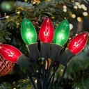 Vintage Red and Green C9 Christmas Lights Outdoor - 25Ft String with 26 Clear Bulbs - Perfect for Tree, Path, Roofline, and Wedding Party Decor