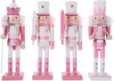 Set of 4 Pink Wooden Nutcracker Soldier Figurines for Christmas Decor - 9.5 Inch Nutcracker Ornaments for Tables, Shelves, Party, Outdoor Xmas Festival