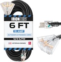 6 ft 12 Gauge Extension Cord with 3 Power Outlets, Heavy Duty Outdoor Electrical Cable for Major Appliances - 15 Amp, 3 Prong