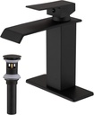 Modern Matte Black Bathroom Sink Faucet with Waterfall Spout, Single Handle, Single Hole Design - Includes Supply Line, Deck Plate, and Drain