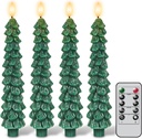GenSwin Christmas Tree Flameless Taper Candles with Remote Timer - Set of 4 Green LED Candlesticks, 3D Flame Effect - 0.78" x 9.8" - Christmas Home Decoration