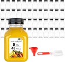 Stock Your Home 8 oz Reusable Plastic Juice Bottles with Caps - 48 Pack Drink Containers for Juicing - Mini Fridge, Juicer Shots, Small Water Bottles - Includes Labels, Brush, Funnel