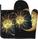 Set of 2 Moon Sun Oven Mitts and Pot Holders for Kitchen, Heat Resistant Hot Pads for Cooking, BBQ, Baking - Ideal for Women and Men