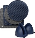Silicone Trivet Mats Set with Oven Mitts and Pot Holders - Heat Resistant Multipurpose Kitchen Mats - 4 Pieces (Grey & Navy Blue)