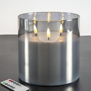 Eywamage 3-Wick Silver Grey Glass LED Candle with Remote - Large Pillar Candle Decor - Flickering Flameless Design - 6" x 6
