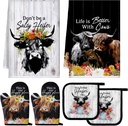 6-Piece Retro Color Cattle Kitchen Towels, Oven Mitts & Pot Holders Set - Non-Slip Heat Resistant Gloves for Summer Cooking & Baking