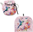 Set of 2 Floral Hummingbird Tea Cozies for Teapots - Insulated Tea Pot Dust Covers - Home Kitchen Decor Accessories