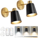Set of 2 Modern Wireless Battery Operated Wall Sconces with Remote Control - Vintage Black and Gold Wall Lights for Living Room, Bathroom, Hallway