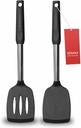 Silicone Spatula Set with Stainless Steel Handles - 2 Pack Heat Resistant Non Stick Turner for Cooking Fish, Eggs, Pancakes, WOK - Black